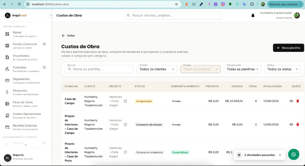 Custos de obra no ArquiSaaS com planilhas, status e valores cotados.