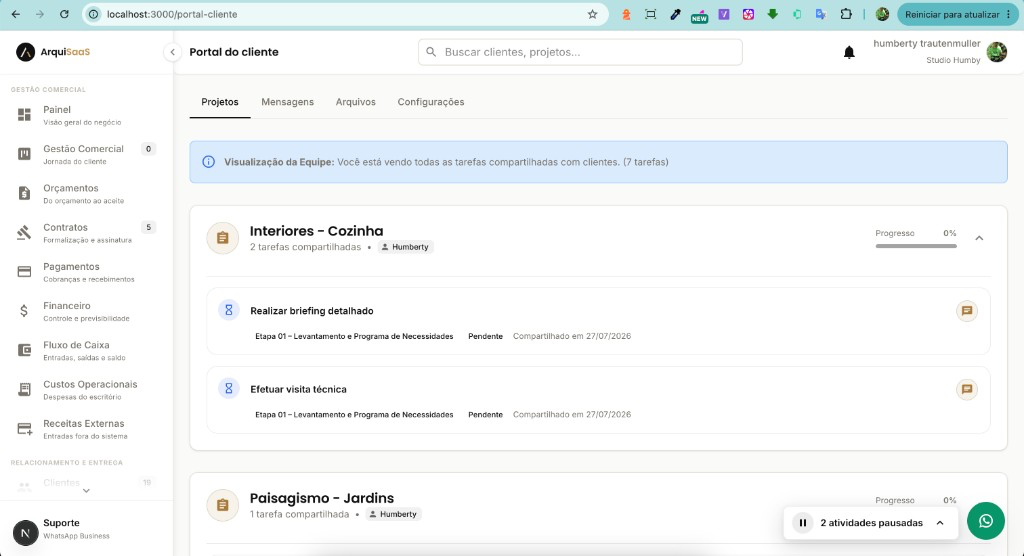 Portal do cliente no ArquiSaaS com tarefas compartilhadas e progresso por projeto.