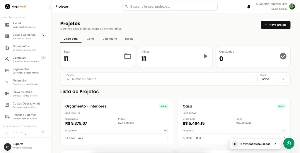 Lista de projetos no ArquiSaaS: visão geral, totais e cards de operação.