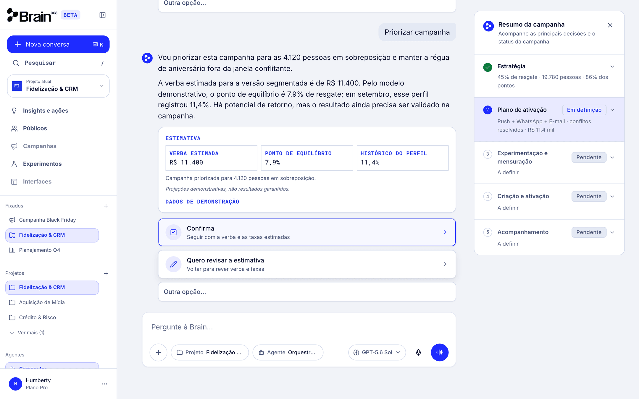 Card Estimativa com verba estimada, ponto de equilíbrio e histórico do perfil, ao lado do drawer Resumo da campanha com Estratégia concluída e Plano de ativação em definição.