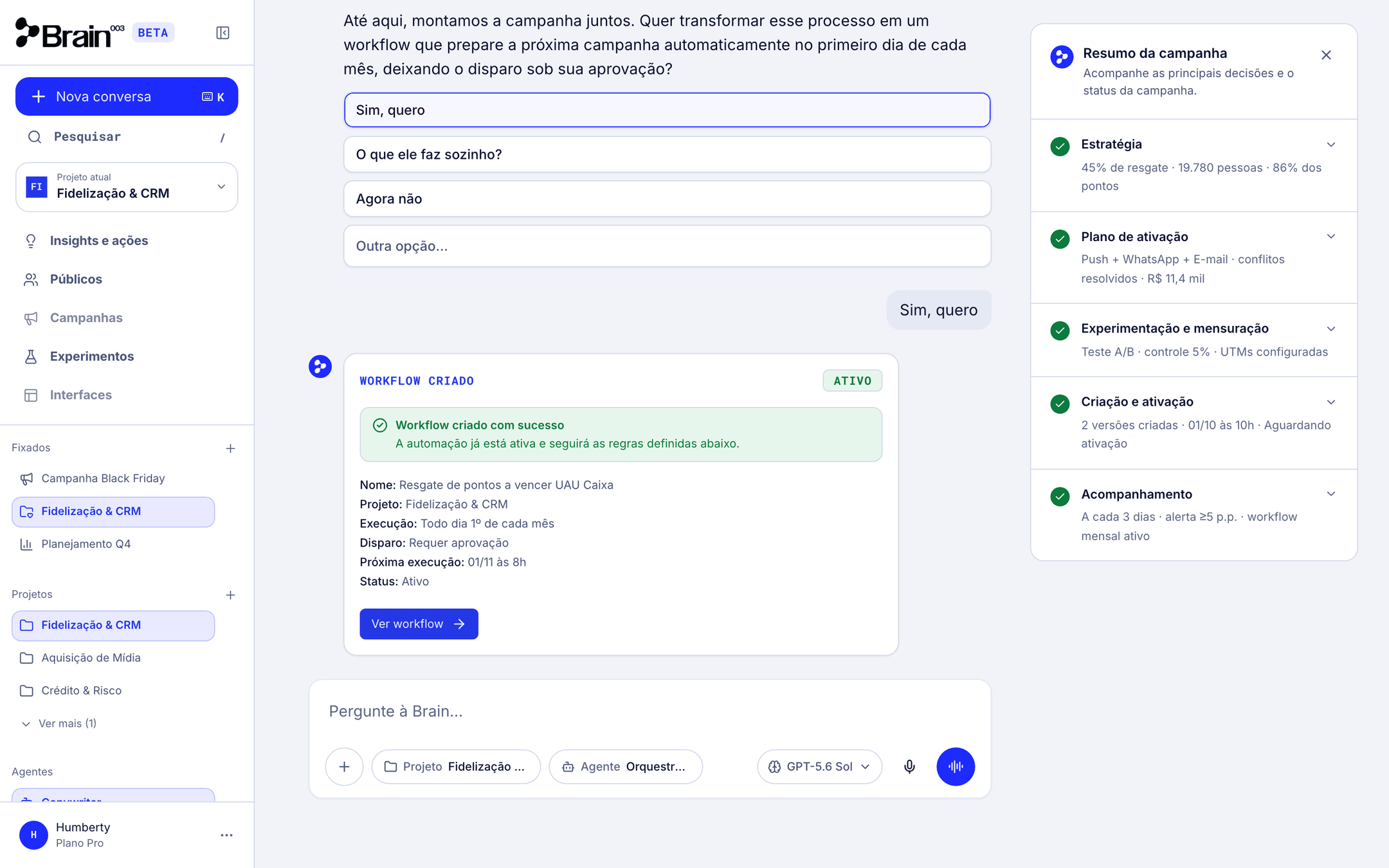 Card Workflow criado com status Ativo, execução todo dia 1º e disparo que requer aprovação, com o Resumo da campanha mostrando os cinco marcos concluídos.