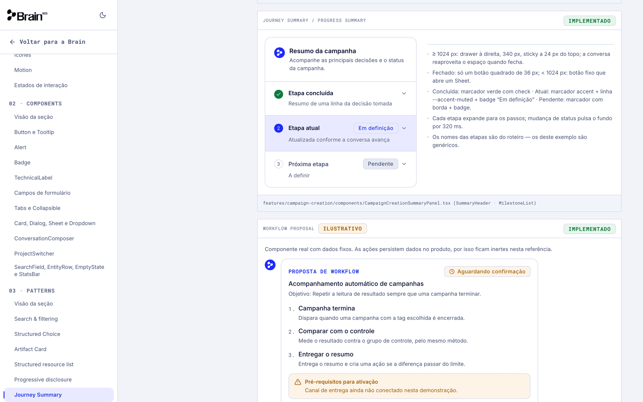 Seção Patterns do Design System com o specimen Journey Summary, mostrando etapas concluída, atual e próxima, e o specimen Workflow Proposal abaixo.