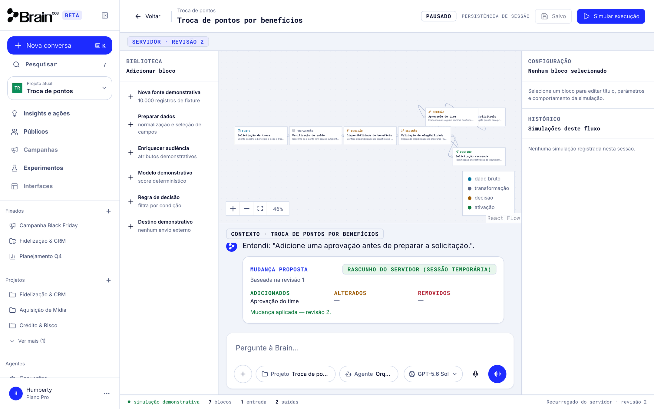 Canvas do workflow na revisão 2 com o nó Aprovação do time adicionado e o card Mudança proposta, marcado como Mudança aplicada, na conversa do canvas.