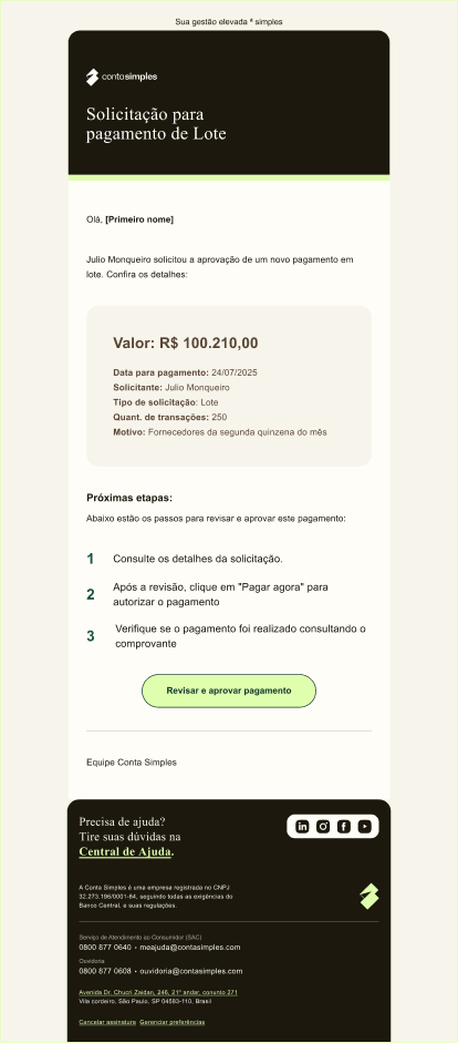 E-mail de solicitação de pagamento de lote com botão Revisar e aprovar pagamento.