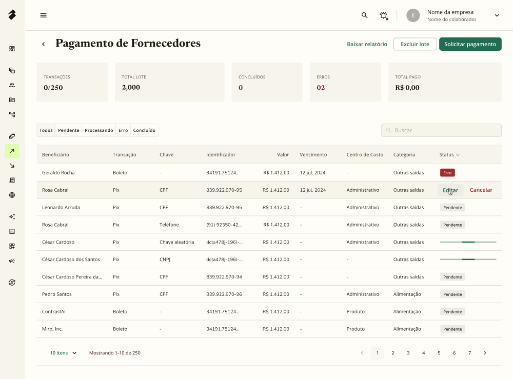 Tela Lote de Transações da Conta Simples com detalhe de lote e status.