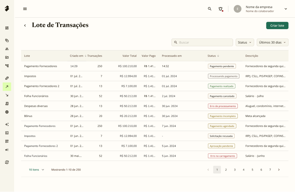 Tela Lote de Transações com tabela de lotes e status como Pagamento pendente e Aprovação pendente.