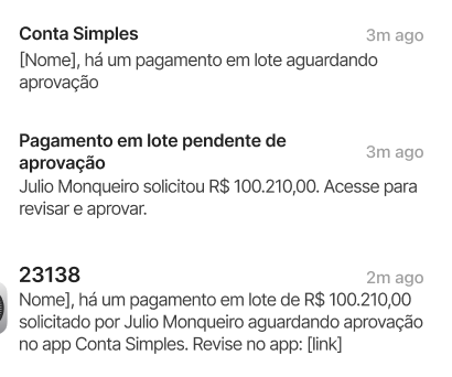 Mocks de push notification e SMS da Conta Simples para aprovação de pagamento.