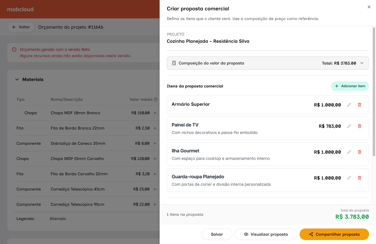 Modal Criar proposta comercial do Mobcloud com itens da Cozinha Planejada Residência Silva e total da proposta.