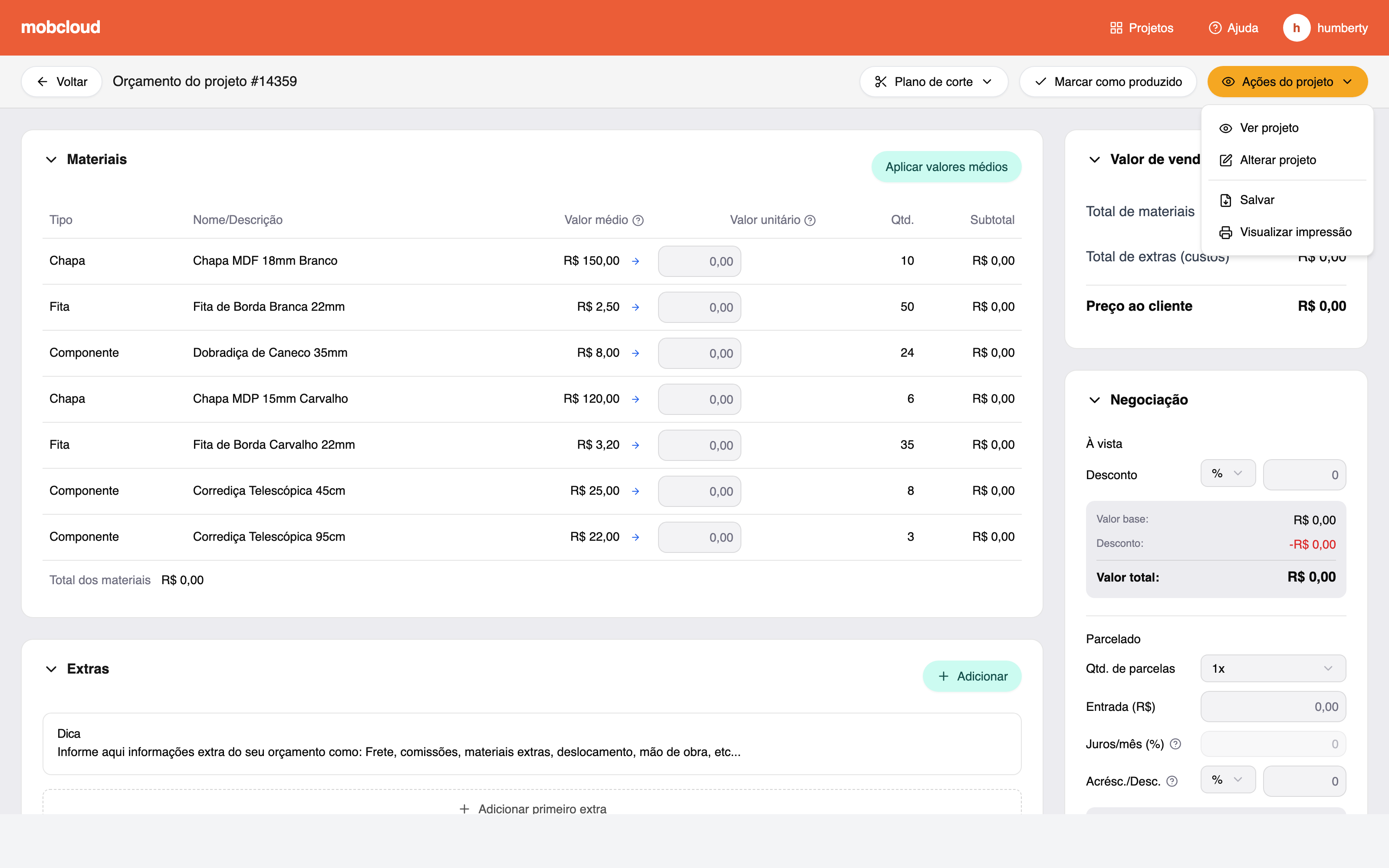 Orçamento Mobcloud (UX unificado) com materiais, margem, valor de venda e negociação.