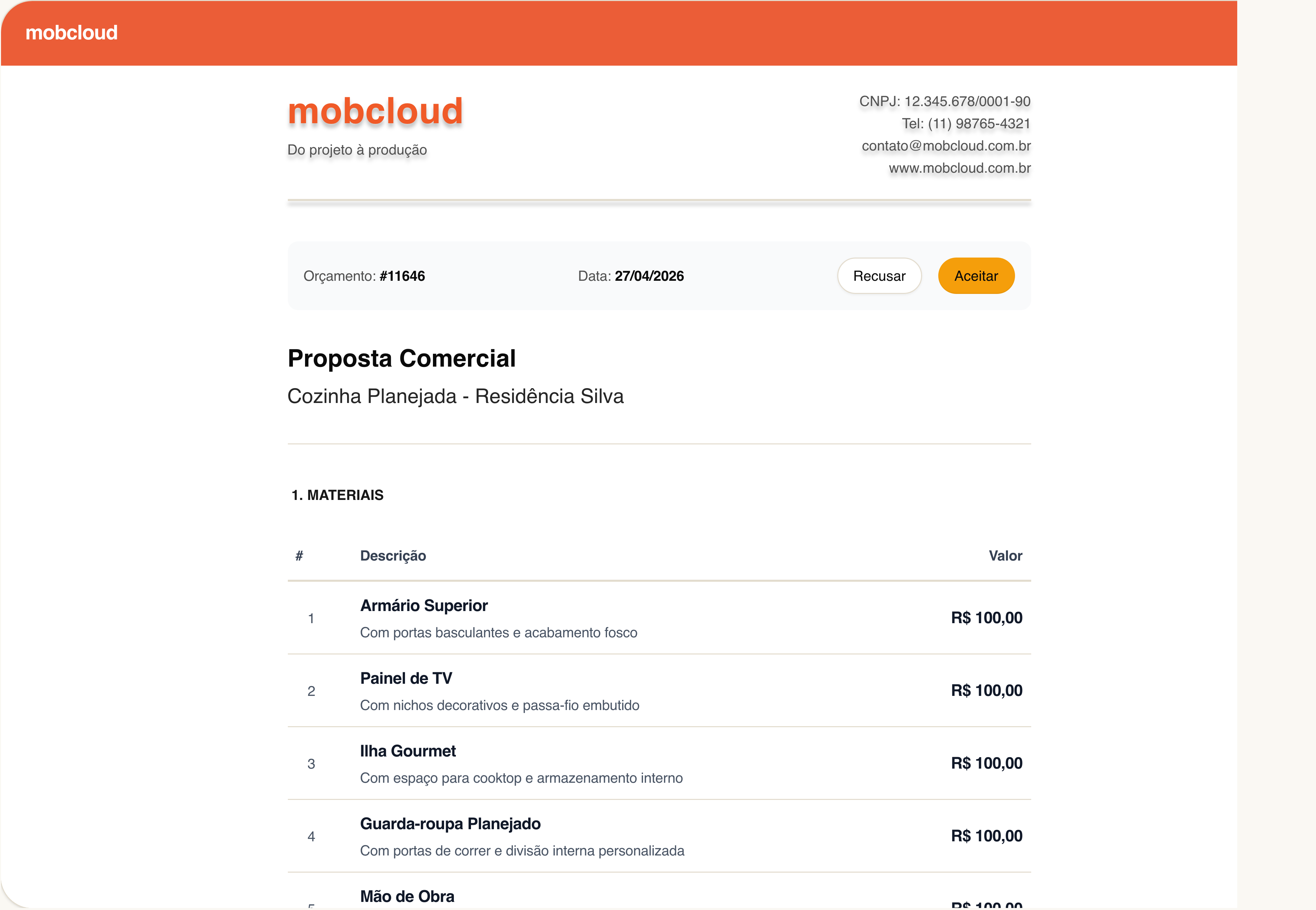 Proposta comercial Mobcloud da Cozinha Planejada Residência Silva, com materiais, mão de obra e total.