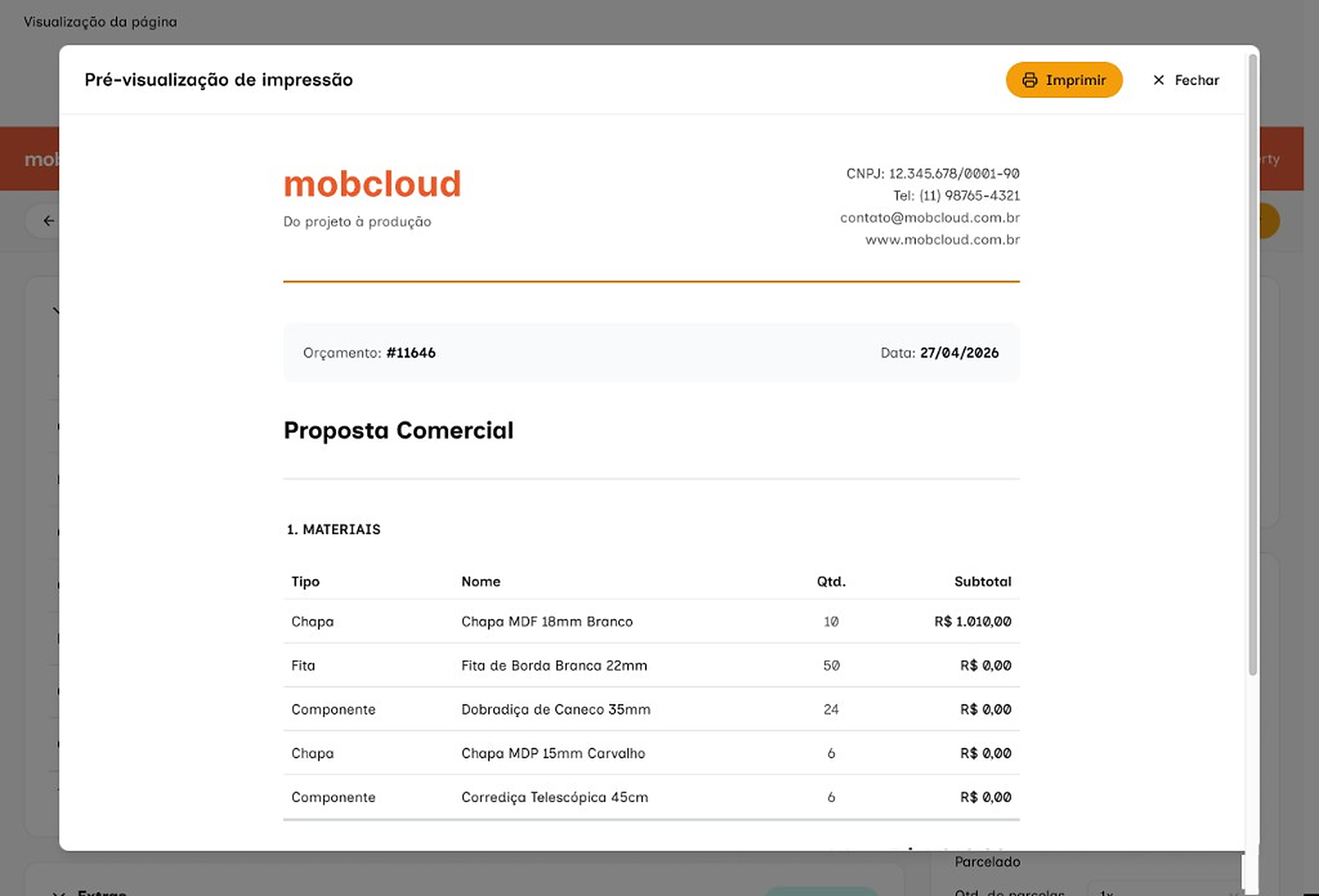 Modal de pré-visualização de impressão da proposta comercial Mobcloud com tabela de materiais.