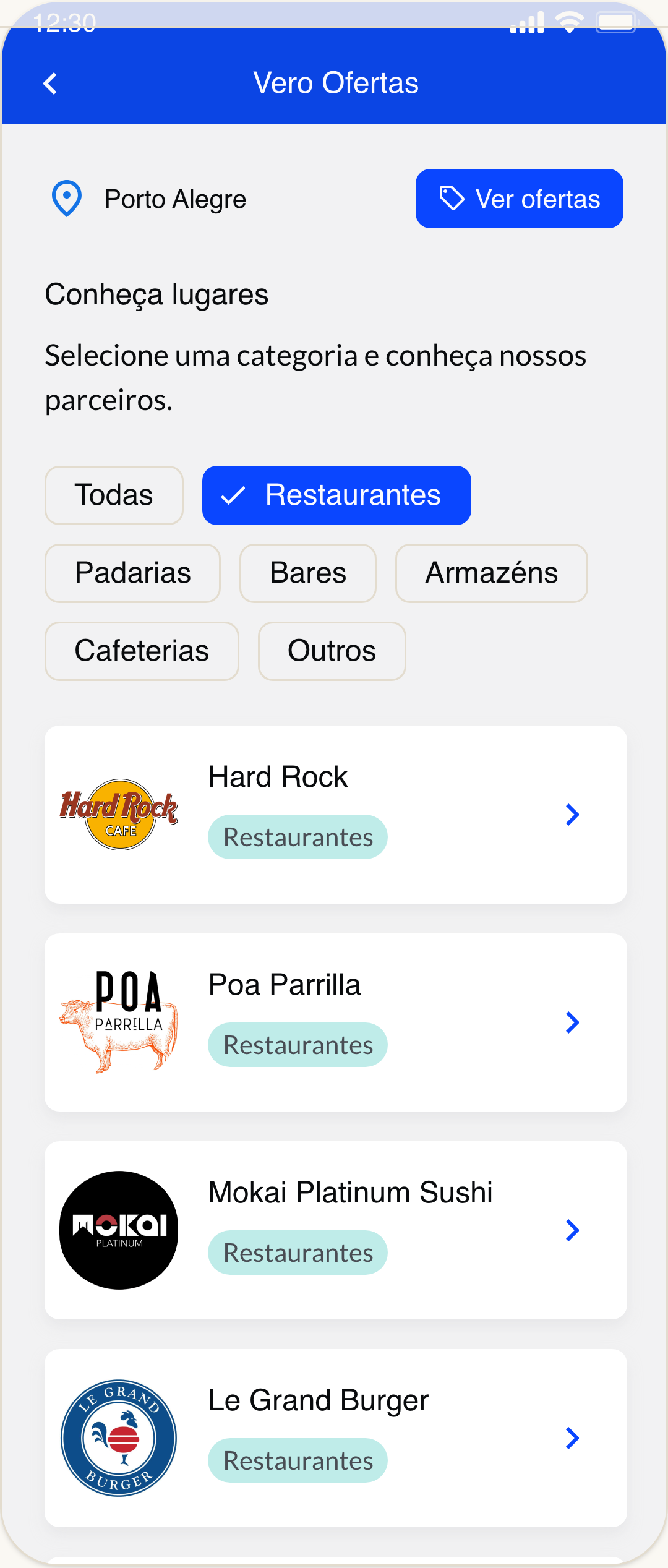 Tela de catálogo de perfis participantes no Vero Ofertas.
