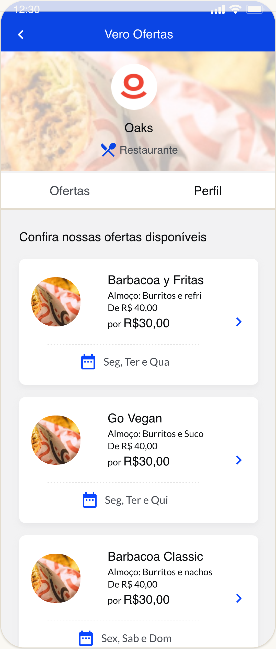 Tela Vero Ofertas com lista de ofertas do restaurante Oaks.