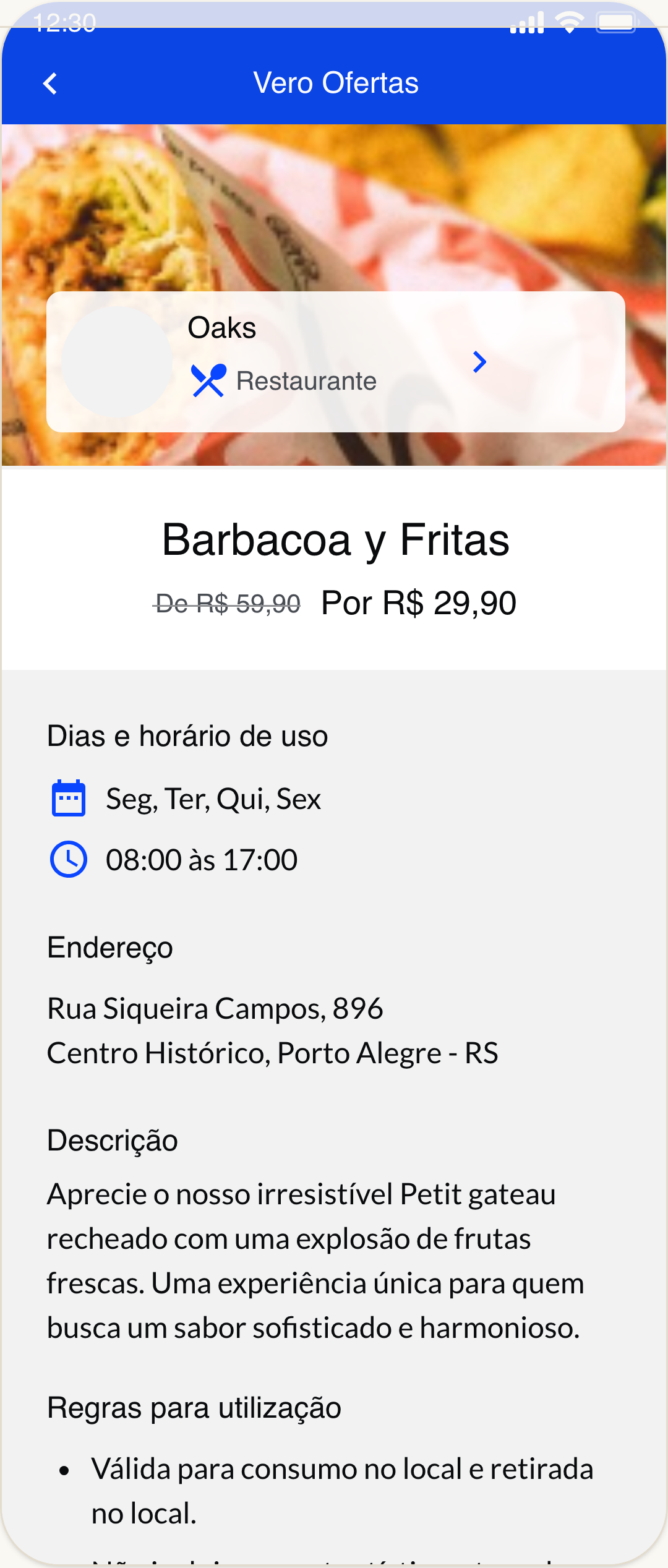 Tela de detalhe da oferta Barbacoa y Fritas no Vero Ofertas.