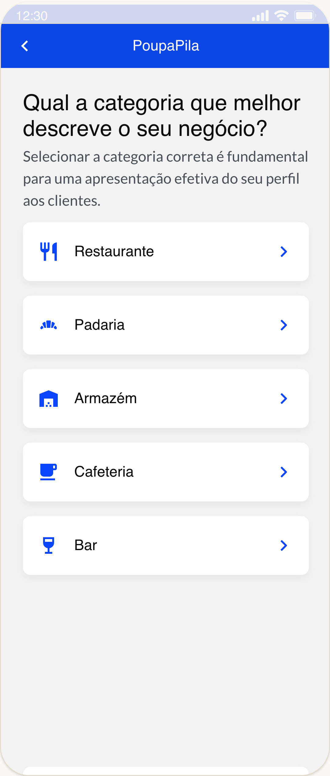 Tela de criação de perfil com categorias no Vero Ofertas.