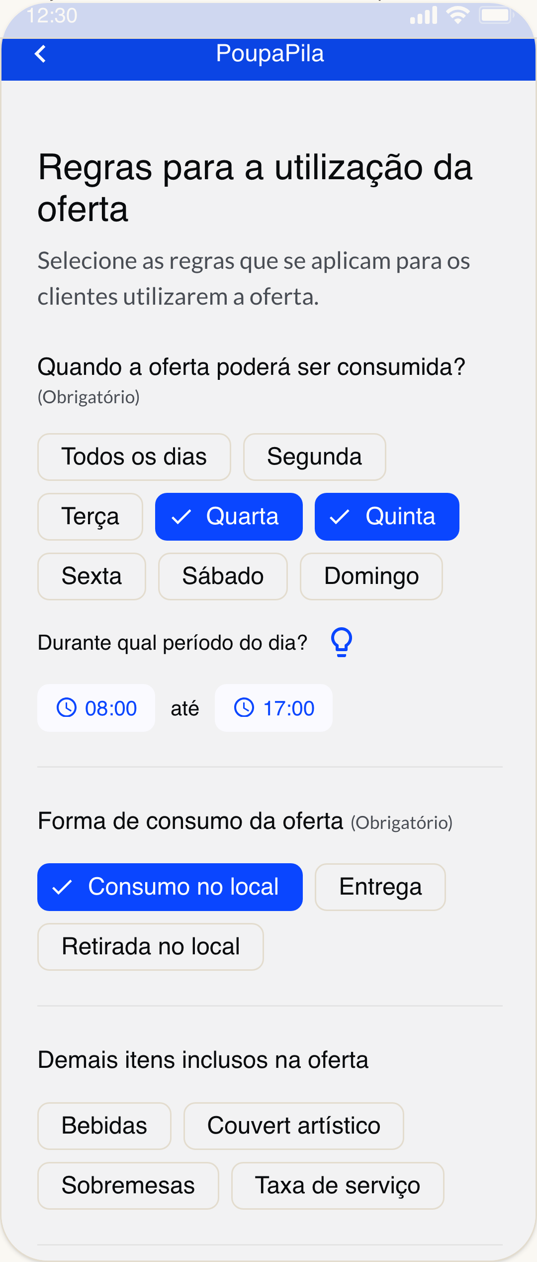 Tela de regras da oferta no Vero Ofertas.