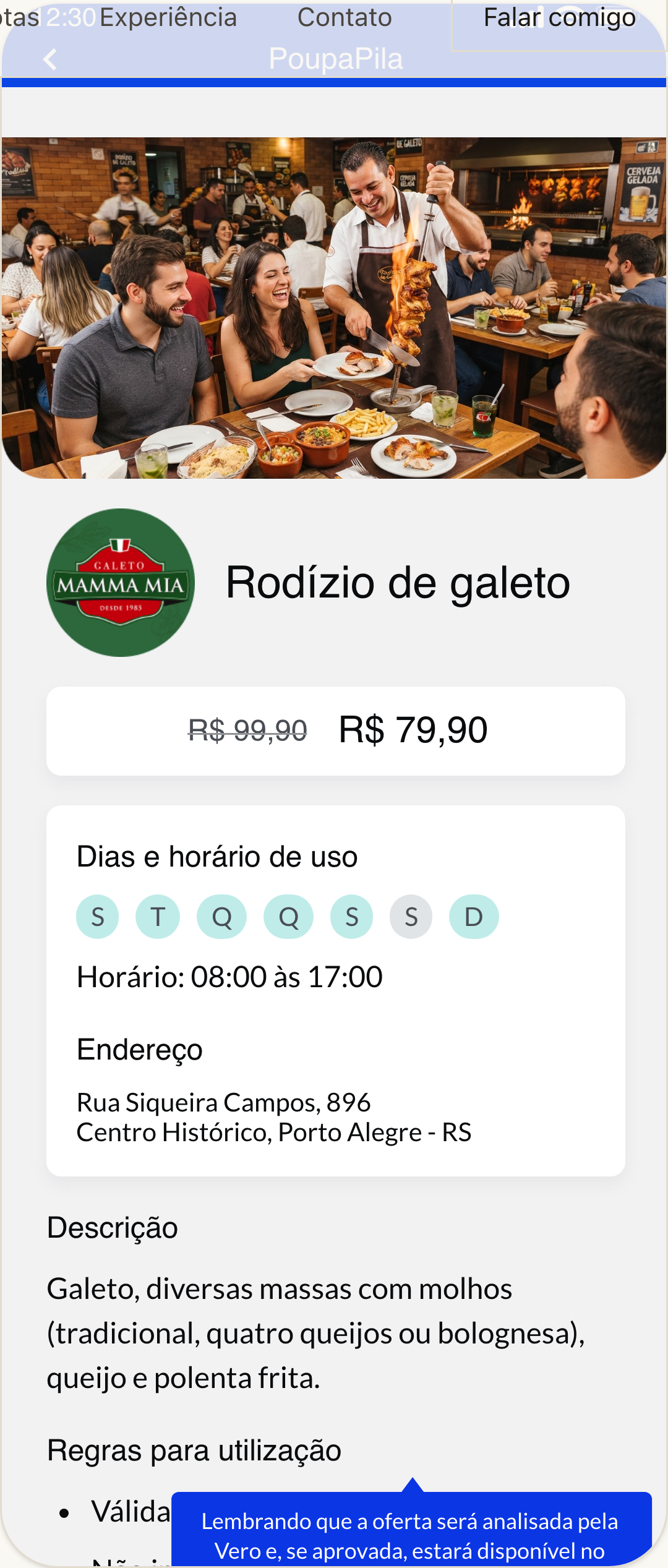Tela de confirmação da oferta Rodízio de galeto no Vero Ofertas.